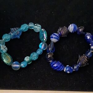 Blue & Teal Glass Bead Stretch Bracelets - Set of 2